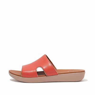 Fitflop Women's H-BAR Pop Binding Leather Slides Sandals - Coral Pink, OU0718354